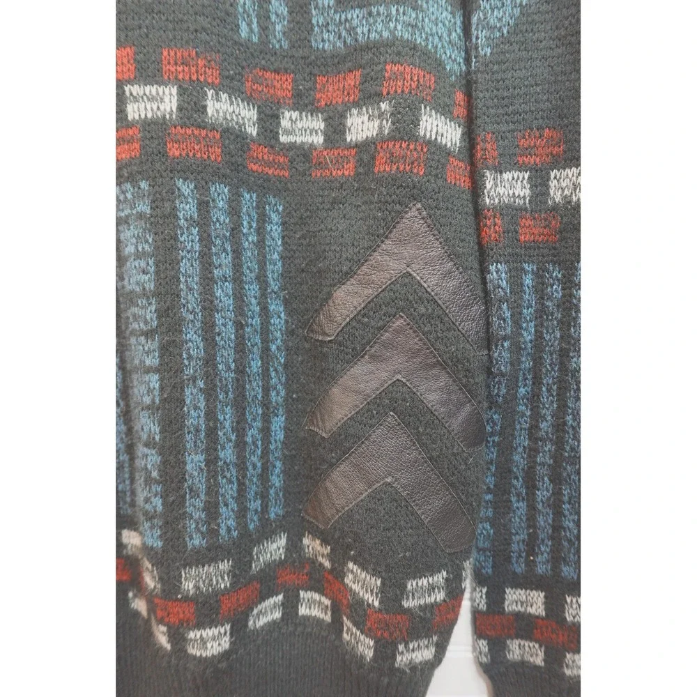 Vintage 90s 80s Knit Sweater Sunset Highway Men's Medium Leather Patchwork